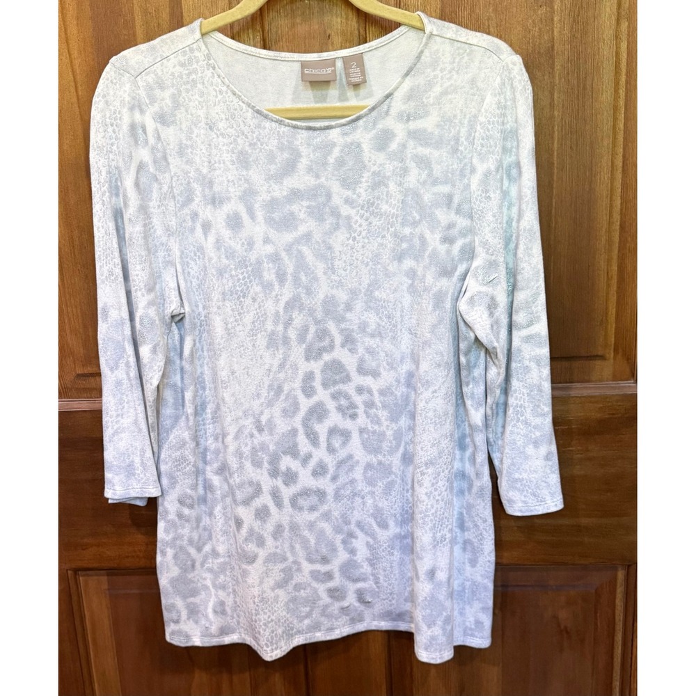 Chico's Grey White Leopard Animal Print Scoop Neck Long Sleeve Top Size 2 L